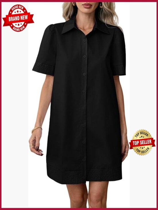 Dresses & Skirts - Casual Button Down Mini Shirt Dress Short Sleeve Ruffle Hem Pockets